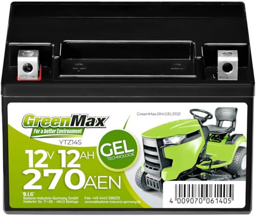 GreenMax Gel 51121 YTZ12S 12V 12Ah 270A/EN Rasentraktor Batterie Starterbatterie für Aufsitzmäher wartungsfrei