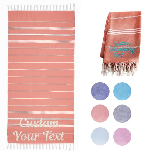 CHARMMYFASHION Hamamtuch Strandtuch Personalisiert mit Stickerei, 95x180cm, 100% Baumwolle,Personalisiertes Türkisches Strandtuch mit Name Badetuch, für Strand, Sauna, Yoga, Fitness (Orange)