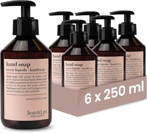 Jean & Len Savon liquide pour les mains Pivoine & Litchi, lot de deux, nettoie les mains en douceur, savon liquide dans un distributeur à pompe, parfum floral, sans parabènes, vegan, 6 x 250 ml