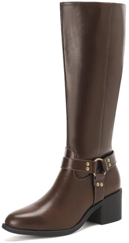 Putu Damen Stiefel mit Plateau Modische Reitstiefel mit weitem Schaft Blockabsatz Reißverschluss Bequeme kniehohe Langschaft Stiefel 38