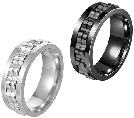 SoundZero 2 Pezzi Anello antistress e anti-ansia, Anello Antistress Girevolo Uomo, Riduzione dello stress e anelli antimalissi, Spinner Fingerring,Anti -stress rotabile (Nero, argento)