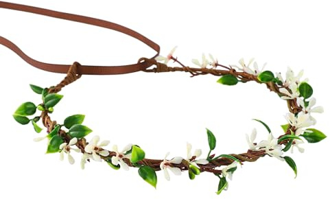 Handgemacht Blumenkranz Fee Kranz Frauen Mädchen Braut Hochzeit Kopfschmuck Faschingskostüme Karneval Kostümfoto Prop Grüner Blatt Kopfstück Weiß