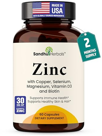Zinc 30mg with Copper, Selenium & Vitamin D3 | 60 Capsules | Magnesium, Vitamin B6, Biotin | Absorbable Zink Supplements for Men & Women | Chelated Zinc for Immune Health, Skin, Hair, & Nails Support