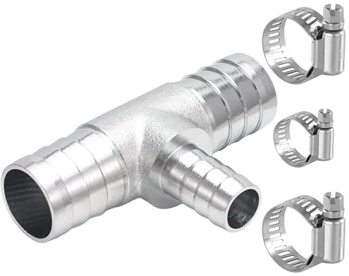Sctihwelire Brass Reducing Tee Hose Barb Fitting 3-Way T Adapter Chrome-Plated, 3/4 (19mm) to 1/2 (12mm) to 3/4 (19mm) Splicer Mender with Clamps air Hose Repair kit for Pipe Line/Fuel/Air 1 PC