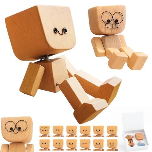 Tiny Wooden Shaking Man, Handmade Wobbly Wooden Smile Figurine for Car Dashboard, Desk Decor, Stress Relief, Includes 12 Extra Expressions