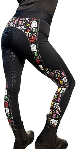 Aiya Kids Rock N Roll Horse Riding Tights – Full Seat Silicone Grip Leggings with 5 cm Covered Waistband, Phone Pocket & Fun Skull Print – 4‑Way Stretch & Breathable (Black, 26 Inch Waist)