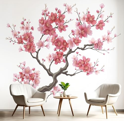 Carta Da Parati Effetto 3D Acquerello Albero Prugno Fiore 200×140cm, Fotomurali Non Tessuto, Decorazione Poster Arte Murale Pittura Cinese per Casa Ufficio Camera Letto Soggiorno