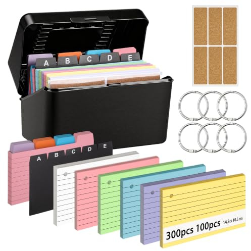 Karteikarten Box, 14,8 x 10,5 cm Karteikasten Set Inkl. 400 A6 Karteikarten | 5 PP Register 6 Loseblattring, Karteikartenbox Lernkarten für Vokabel Lernen Notizen Schule Büro Zuhause