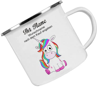 Crealuxe Emaille Tasse personalisiert 'Einhorn Tasse', Becher mit Name und Spruch, Camping Tasse