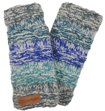 Pachamama Damen-Handwärmer aus weicher Wolle, Mohair, Sherpa-Fleece, gefüttert, handgestrickt, neutral, blau, Einheitsgröße, handgefertigt, Daumenloch, Thermo, extra warm, Fair Trade
