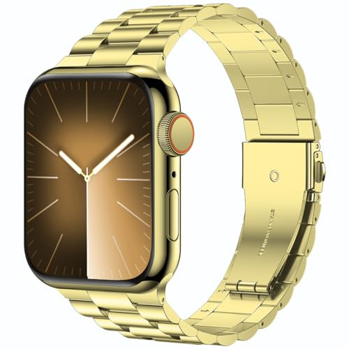 iiteeology Kompatibel med Apple Watch Band SE/serie 6/5/4 44 mm serie 3/2/1 42 mm, uppgraderad version rostfritt stål länkarmband iWatch band för män, gult guld-3 rader, 42 mm/44 mm