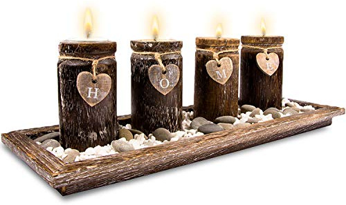Urhome Teelichthalter Set auf Holz Tablett Tischdeko Advent Kerzenhalter Tischdeko für stimmungsvolle Weihnachten Deko Teelichter