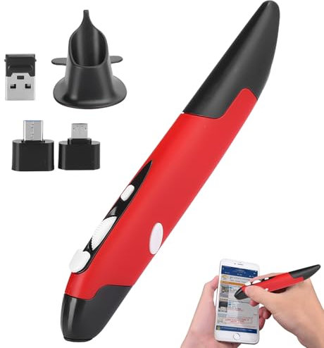 Agatige USB Wireless Optical Pen, Computer Stylus PC Parts Wireless 2.4G Mouse Pen‑Type Personalized Innovative Vertical USB Computer Stylus for PC Laptop Mac Notebook Left Right Handed (Red)