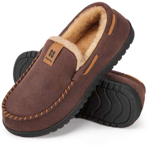 HomeTop Men's Moccasin Slippers Soft Faux Suede Plush Warm Lining Memory Foam Indoor House Shoes with Anti-Skid Sole (11, Coffee)