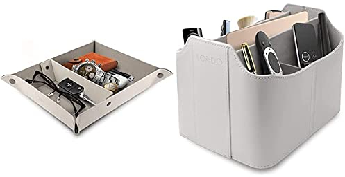 Londo Leder Fernbedienung Organizer und Halter mit Tablet Fach (Weiß) & Leder Taschenleerer - Vide Poche - Ledertablett Organizer (Weiß)
