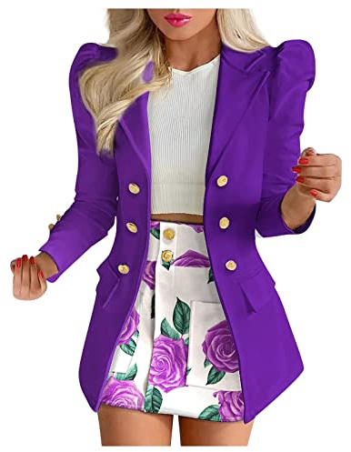 Womens 2 Piece Outfit Suit Casual Long Puff Sleeve Cardigan Blazer + Short Skirt Suit Work Business Office Formal Wedding Guests Coats and Jackets Ladies Autumn Outerwear Purple