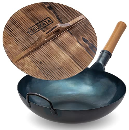 YOSUKATA Sartén Wok de Acero al Carbono 34 cm + Tapa Para Sartén Wok de Madera Natural de 34 cm