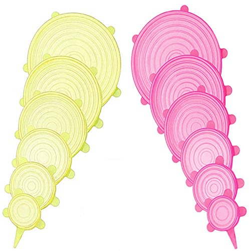 12 pcs Silicone Stretch lids set, 6 Sizes, Reusable Food Storage Covers ，Silicone Bowl Covers，Flexible to Fit All Shape of Containers，Food Cover to Keep Food Fresh (pink,yellow)