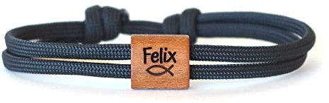 Personalisiertes Holzarmband mit Namensgravur für Jungen & Mädchen – Kinderarmband aus Echtholz & Segeltau – Kommunionsgeschenk mit Gravur – Armband mit Fisch Symbol zur Firmung, Konfirmation, Taufe