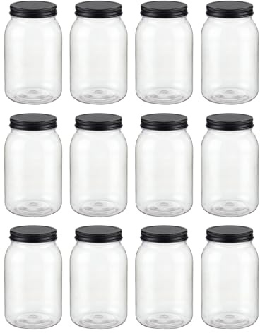 novelinks 32 oz Plastic Food Storage Jars with Metal Lids – 12 Pack BPA-Free Clear Airtight Containers for Pantry, Spices, Snacks, Kitchen & Bathroom Organization – Leak-Proof Reusable Jars (Black)