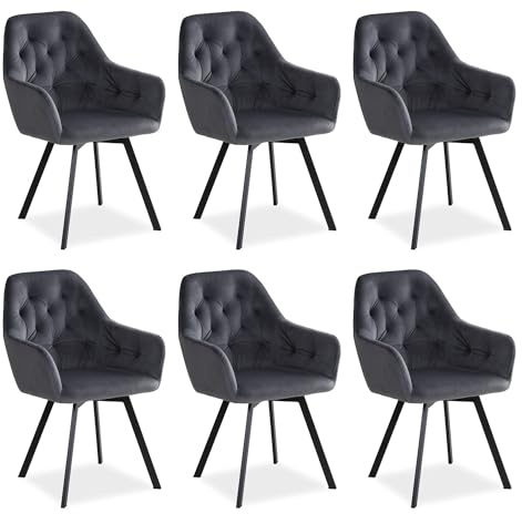 Homestyle4u 2353, Esszimmerstühle 6er Set drehbar mit Armlehnen Küchenstühle Polsterstühle Grau Samt Drehstühle Esstisch