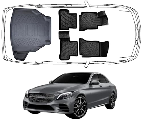 Rizline Passgenau 3D Fussmatten & Kofferraumwannee Auto Set Kompatibel mit Mercedes C Klasse W205 2014-2022 Sedan Nicht umklappbare Rücksitze TPE Allwetter Geruchlos rutschfest Schwarz