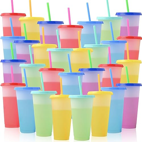 MSYU 30 Pcs Color Changing Cups with Lids and Straws,24oz Color Changing Tumblers,Reusable Plastic tumblers with lids and Straw,Party Funny Tumbler Ice Cold Drinking Cup