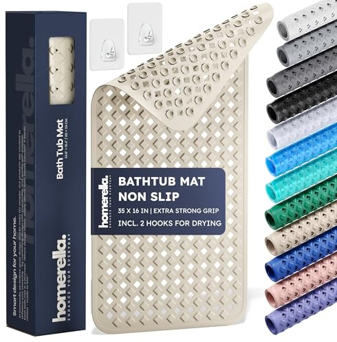 Bathtub Mat Non Slip 35x16 - homerella® Bath Mat Incl. Hooks for Drying, Extra Long, 100% BPA Free, Shower Mat Non Slip Anti Mold, Machine Washable, Shower Mats for Inside Shower Mildew Resistant