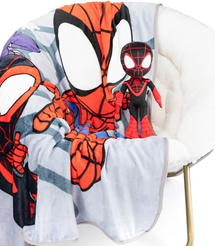 Jay Franco Cuscino Abbraccio Mini Peluche Marvel Spidey e i Suoi Fantastici Amici Miles Morales & Plaid Morbido 130 x 150 - Set Coccole Bambini Super soffice 2 Pezzi