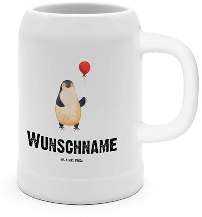 Mr. & Mrs. Panda Personalisierter Bierkrug Pinguin Luftballon - Personalisierte Geschenke, Glück, Mit Namen, Spülmaschinenfester Wunschname, Motivation, Personalisiert Gravur, 1 L, Geschenk Freundin