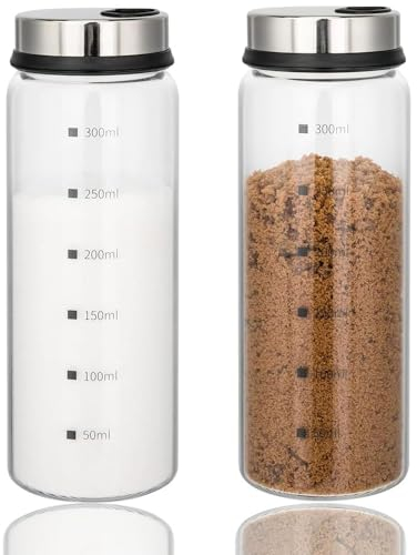 2 Pack 300ml Salt and Pepper Shakers, Salt Shaker with Adjustable Pour Holes, Spice Shaker, Glass Seasoning Shaker with Stainless Steel Lid, Spice Container for Kitchen