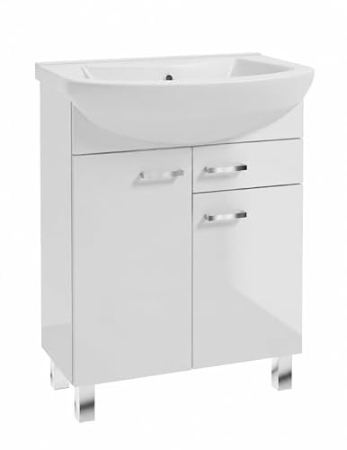 .Deftrans Domodomo Badezimmerschrank mit Waschbecken, 86 x 65 x 30 cm weißer Waschbeckenschrank, Keramik Waschbecken Set, Standschrank mit Schublade