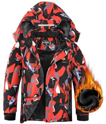 AFILOK Boy's Ski Jacket Waterproof Breathable Kids Fleece Lined Windproof Hooded Snowboard Coats（Red Fighter 14-16）
