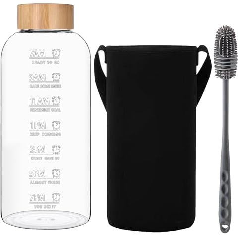 RNCKUUE 1,5 liter glasflaska, 1,5 l glas dricksflaska, vattenflaska glas med neoprenfodral, bambulock, flaskborste