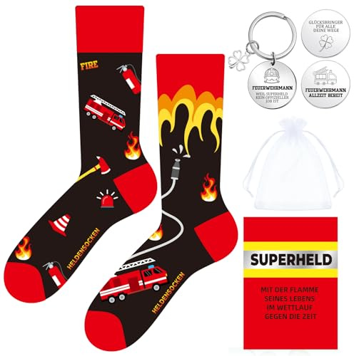 Tenare Geschenke für Feuerwehr Socken Herren 35-46 Baumwolle Heldensocken Feuerwehrmann Feuerwehrfrau Schlüsselanhänger Geburtstag Geschenkidee Feuerwehr Zubehör für Kinder Jungen Männer(Rot)