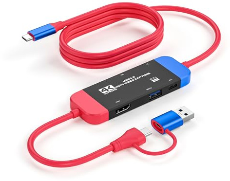 Capture Karte USB C auf USB-A/C 4K Video Capture Karte USB 3.0, unterstützt 100W Schnellladung, Video Aufnahme für Gaming, Streaming, Aufnahme, kompatibel mit Switch, Steam Deck, iPad