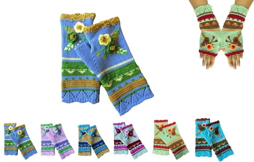 YAQUEKOU Handgestickte Armstulpen Damen Winter Fingerlose Handschuhe Blumen Stickerei Stulpen Damen Hände Handstulpen Pulswärmer Handschuhe Strick Winterhandschuhe Gestrickte Fingerlose Fäustlinge