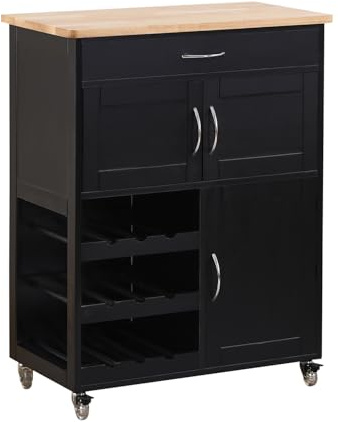Brigros WeHome Köksvagn Febe, vit skänk, 67 x 36 x 87 cm, med 1 låda, 3 dörrar, 3 flaskhyllor, köksskåp med hjul och trä ek (svart)