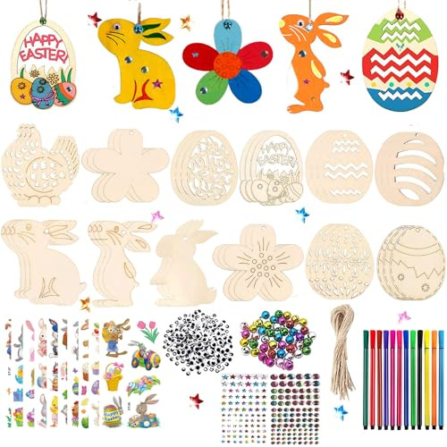 Generisch Ostern Basteln Kinder, 370 Stück Osternbasteln für Holz, Ostern Deko mit DIY, Osterdeko, Basteln Ostern, Ostereier Zum Bemalen, mit Aquarellstifte, GlöCkchen, Augen, Strasssteine, etc