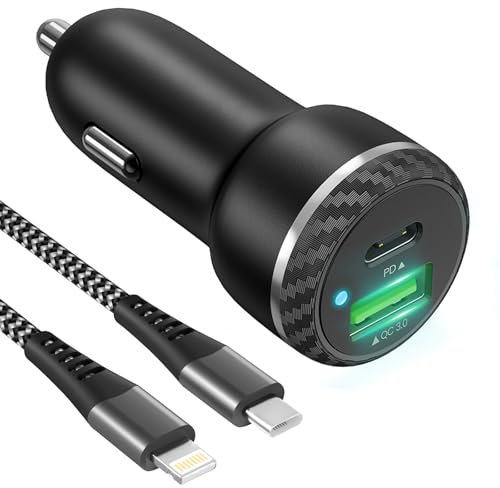 Caricatore Auto USB C con Cavo Lightning per iPhone 14 Pro Max/13/12/11/SE/XR/XS, Adattatore Accendisigari USB C PD&QC 3.0 Ricarica Rapida Caricabatterie Auto Accendisigari Caricatore Auto iPhone