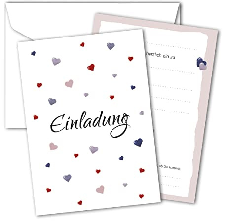 RotfuchsDesign – Einladung mit Herz, 12 Einladungskarten, Geburtstag, Party, Jubiläum, Abschied, Erwachsene, Frau, Mädchen, Kinder, zum Ausfüllen, mit Umschlägen, modernes Design, DIN A6
