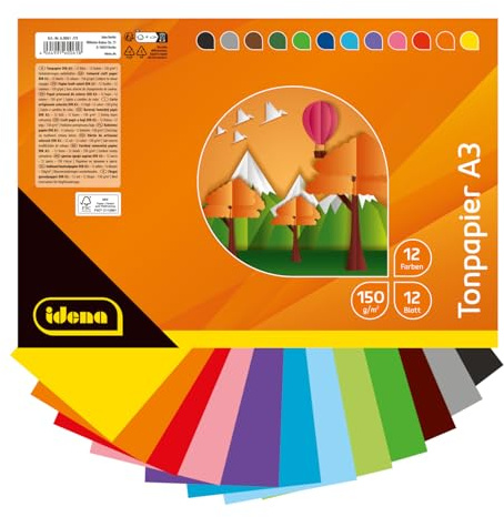 Idena 60061 - Tonpapier DIN A3, 12 Blatt Bastelpapier in 12 strahlend schönen Farben, 150 g/m², FSC-Mix