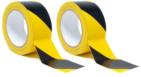 SINGHAL 2 Pack Hazard Tape | 50mm Wide (2) x 14m Length - High Visibility Black and Yellow Diagonal Stripes | All-Weather, Indoor Outdoor Any Surface: Carpet, Tile, Wood, Stone, Concrete, Metal