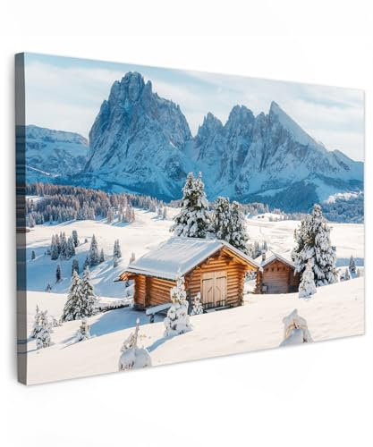 MuchoWow© Bilder Groß XXL Wohnzimmer Deko Modern Wandbild Kunstdruck | 120x80 cm - Leinwand Bild Schlafzimmer über Bett Room Decor Geschenke Winter - Hütte - Berg - Aussicht - Schnee