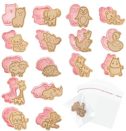 OT-NVWOZR 16 cortadores de galletas de animales con 100 bolsas autoadhesivas transparentes, cortadores de galletas de plástico para hornear, bonitos sellos de galletas, molde de galletas divertido
