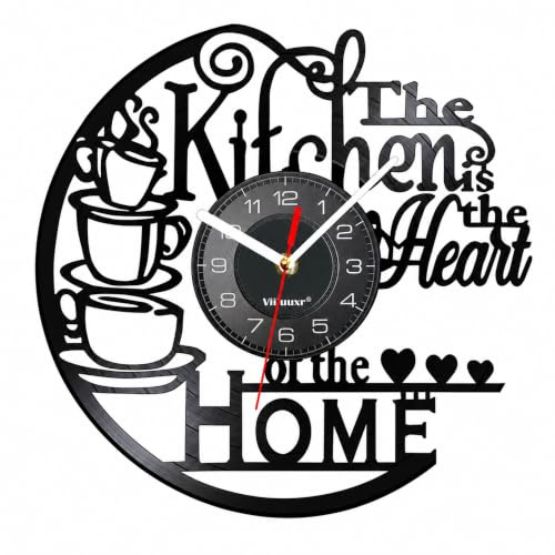 Viiluuxr Wanduhr Küche 30 cm, Lautlose Küchenuhr im Vinyl-Look | Kaffee-Motiv ohne LED für Coffee Bar, Esszimmer und Restaurant; 1 AA-Batterie nicht enthalten