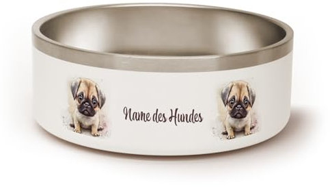 PICANOVA Personalisierter Hundenapf mit Namen & Hundemotiv - 1,2 L Edelstahl-Fressnapf oder Wassernapf - Individuelles Geschenk für Haustierfreunde - Pug Design