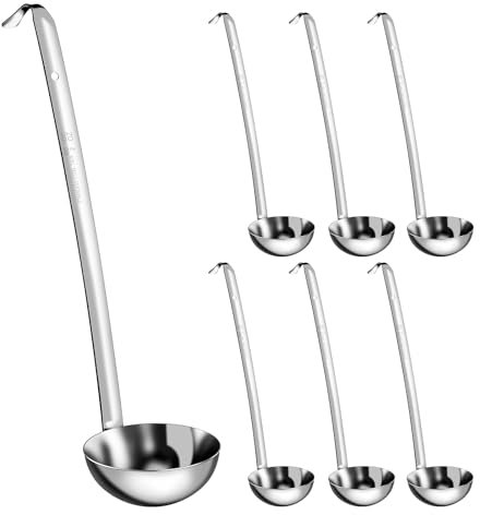 7PCS Ladle Spoon Stainless Steel Soup Ladles with Hook End Long Handle Serving Ladles Dishwasher Safe Kitchen Utensil Multipurpose Portioning Ladles for Restaurants Home Use(2oz)