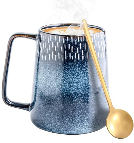 700 ml tazze da caffè in ceramica con cucchiaio, grande tazza da tè per ufficio e casa, smaltatura liscia, grande tazza da caffè per cacao, cappuccino, latte, cereali, lavabile in lavastoviglie (blu)