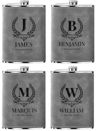 Flasque a Alcool Fiole Personnalisé 4 Pièces Whisky Acier Inoxydable 304 Cadeaux de Mariage Flask Cuir Gravé Gris 8oz